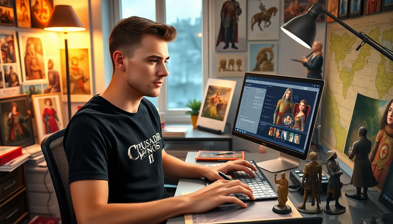 A young man creating characters for Crusader Kings II at his desk.