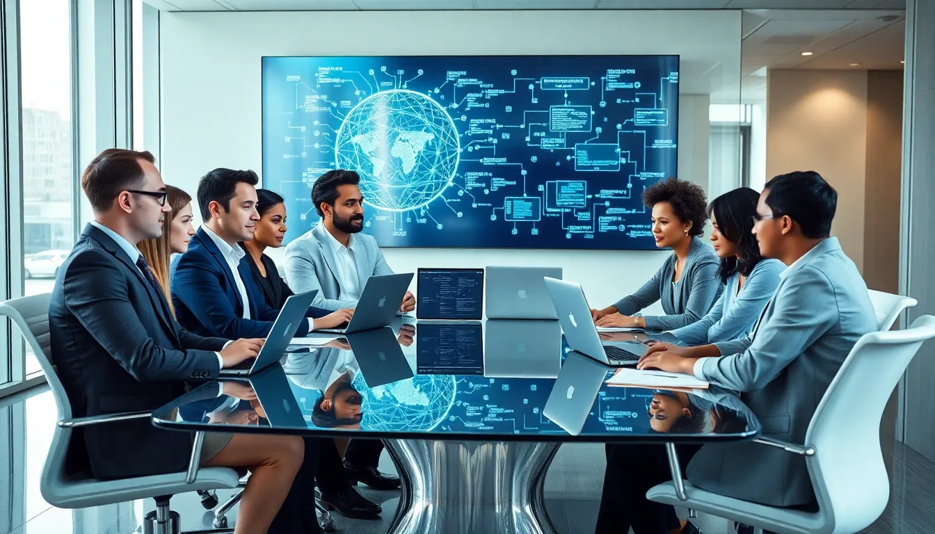 diverse professionals collaborating in a modern office setting.