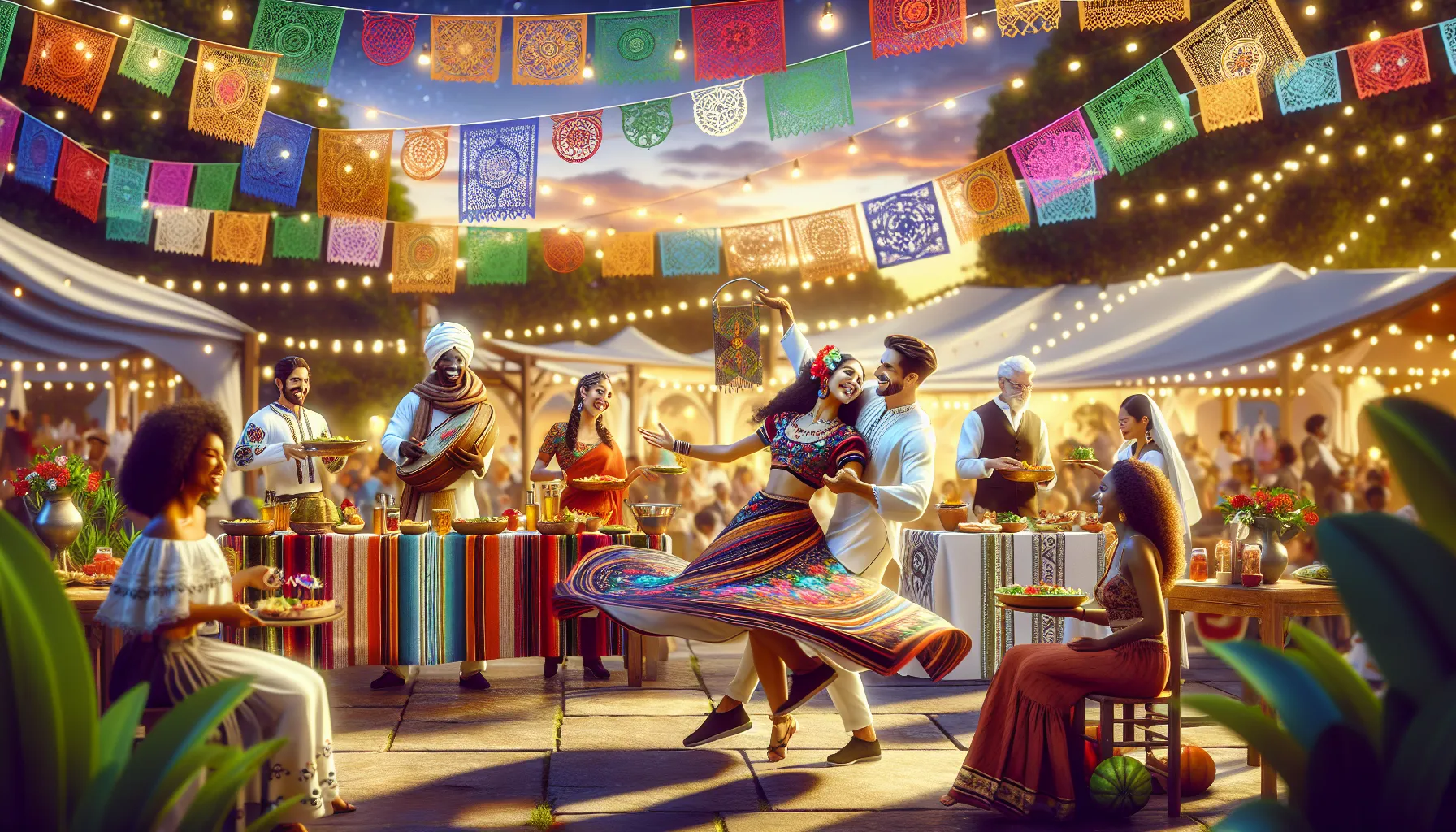 diverse group celebrating Addamymar with food and dance.