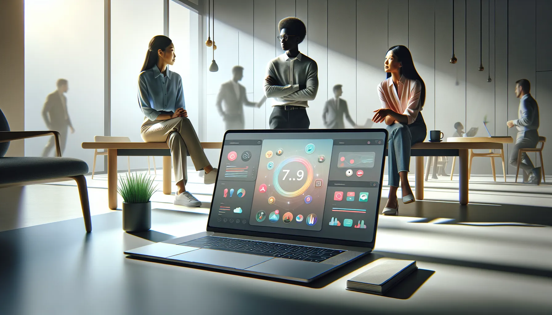 diverse professionals discussing software on a laptop in a modern office.