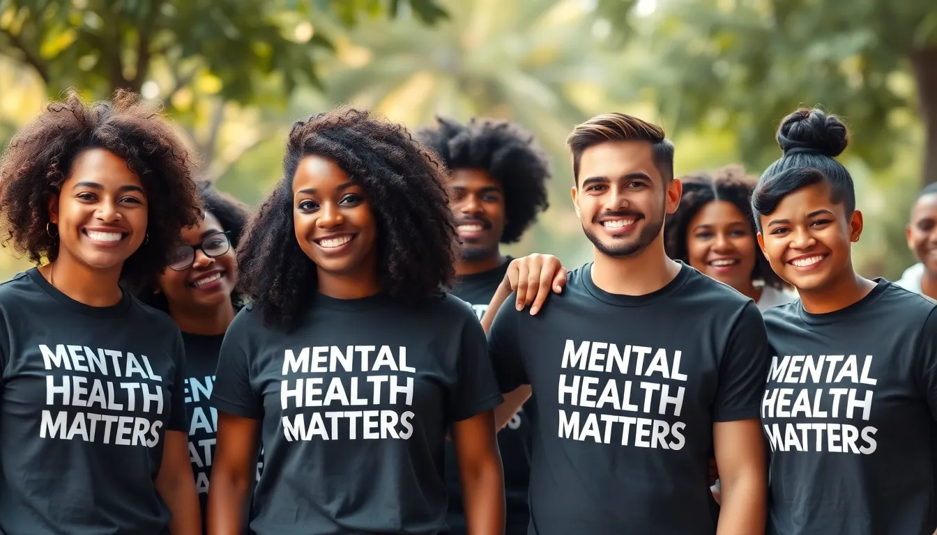 diverse group wearing Mental Health Matters t-shirts outdoors.