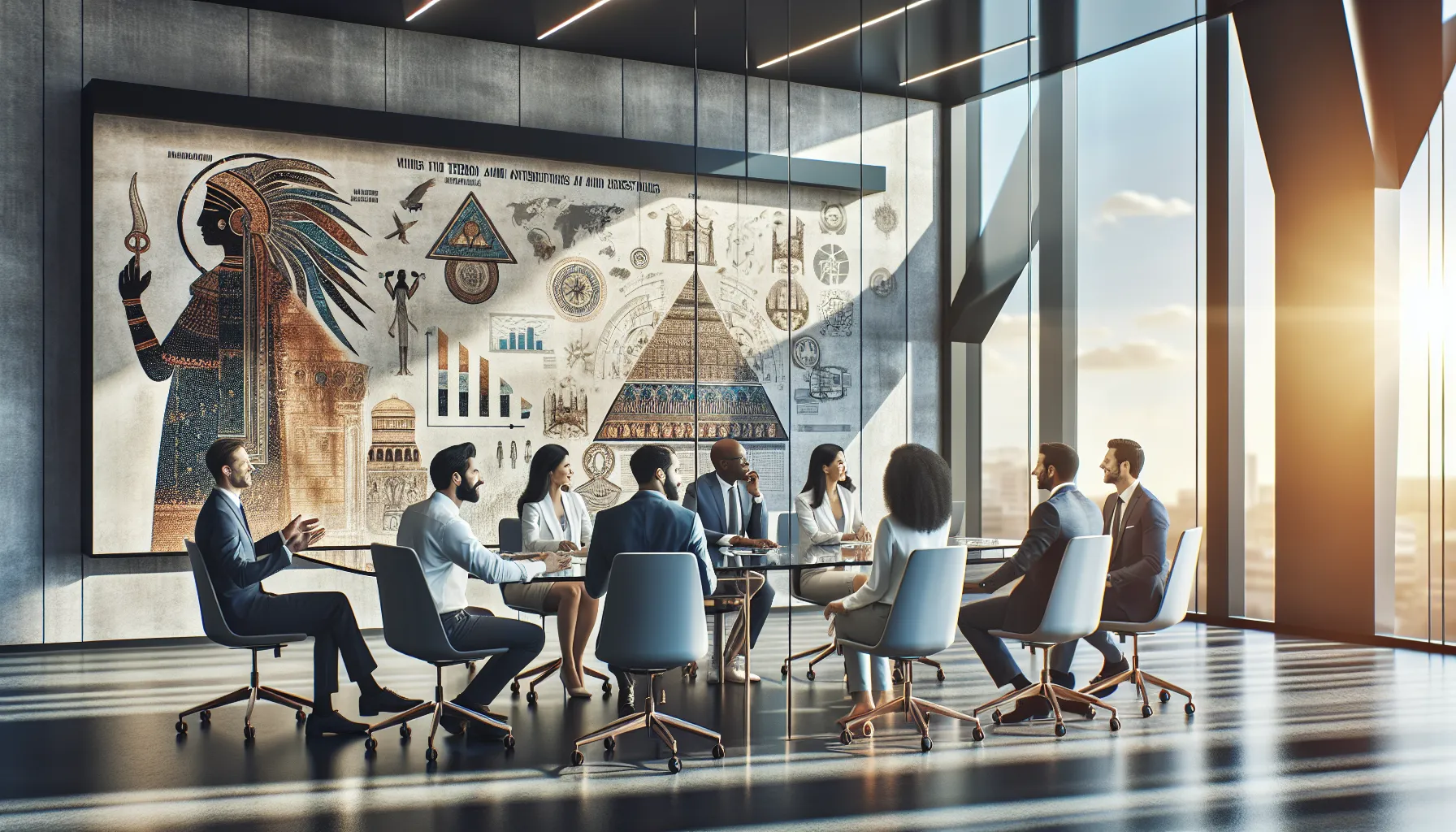 diverse professionals discussing cultural concepts in a contemporary office.