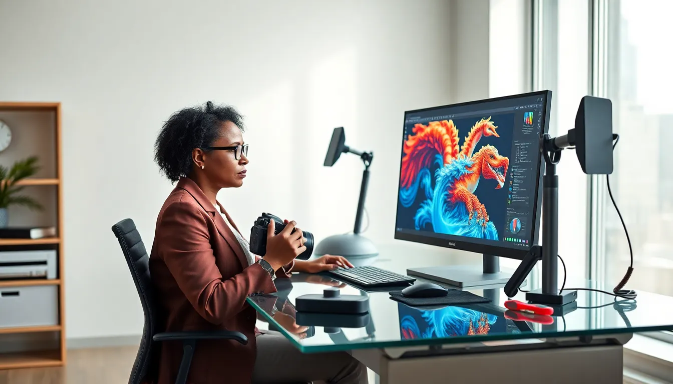 A photographer at a modern desk using advanced imaging technology.