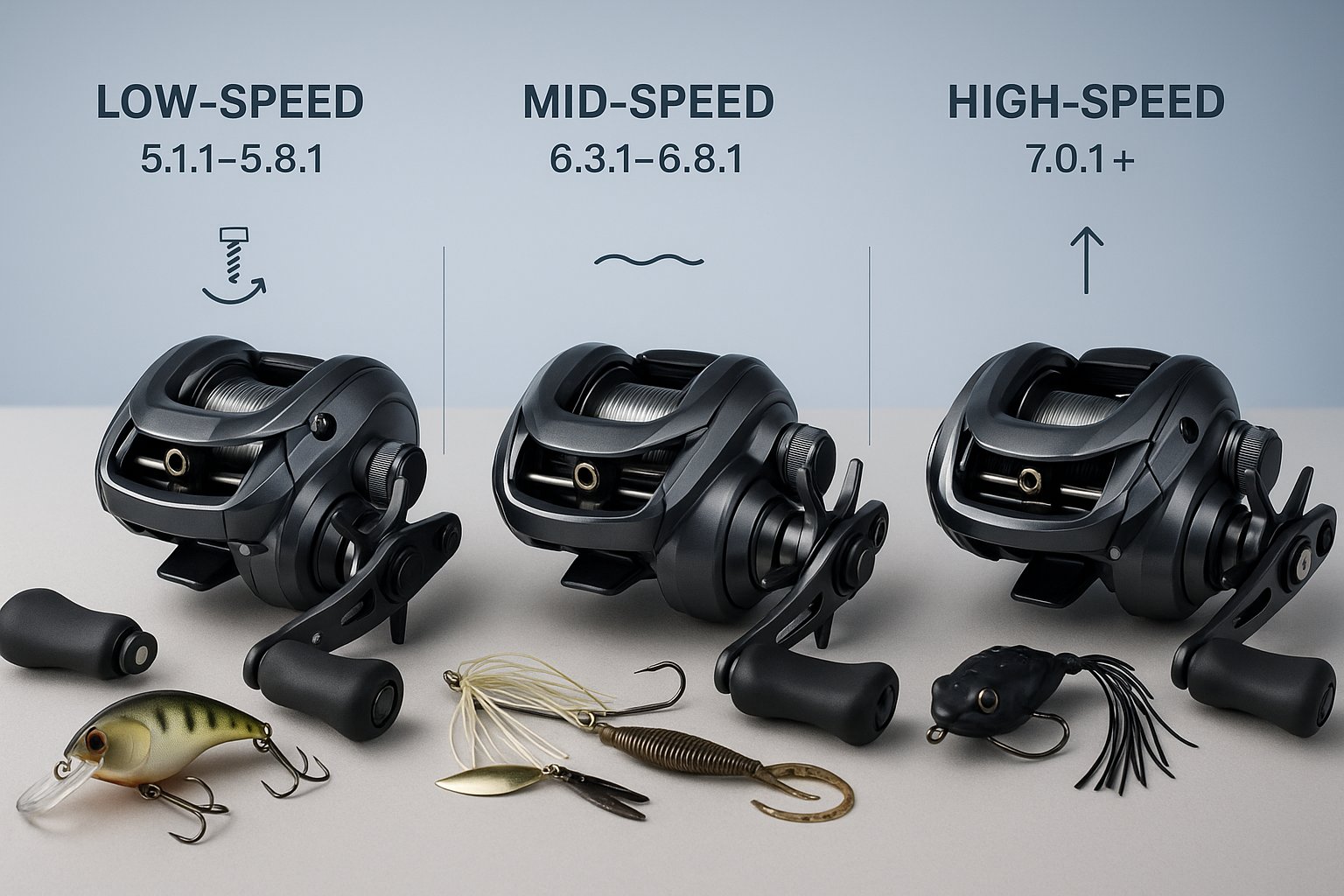 Three fishing reels comparing slow, medium, and fast gear ratios.