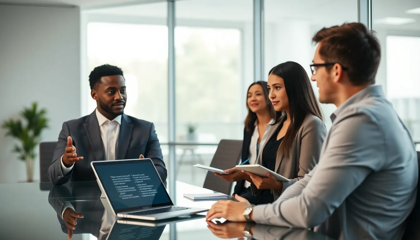 diverse professionals discussing Stoicism in a modern workspace.