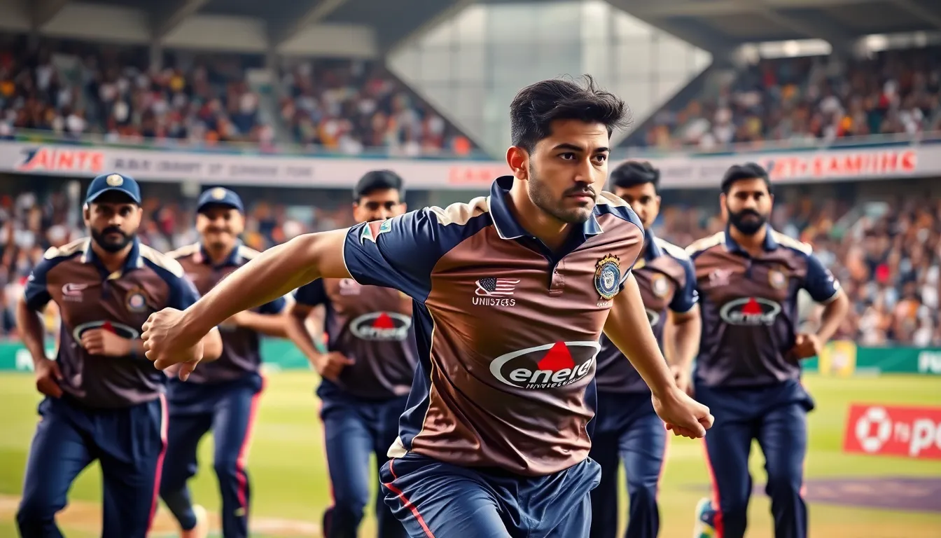 fast bowlers in action during a cricket match in a stadium.