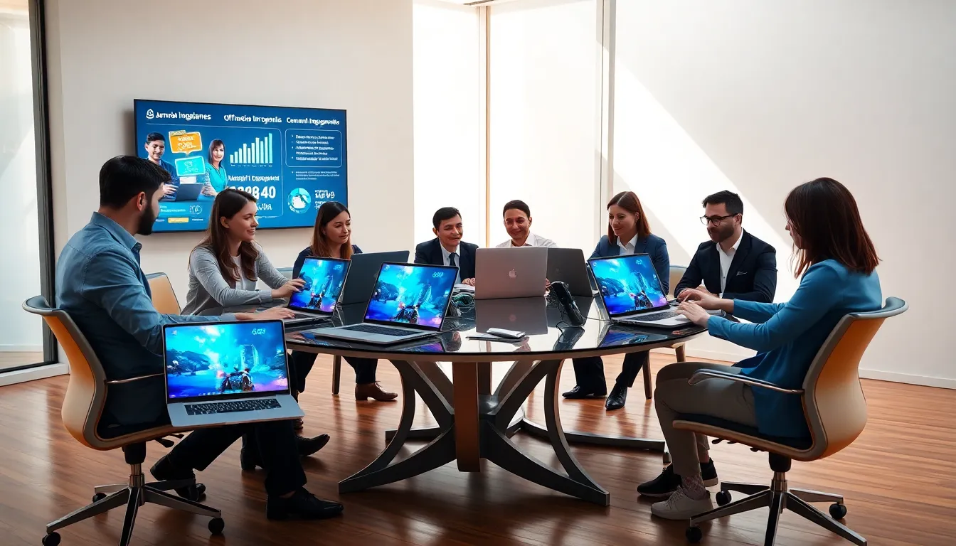 diverse team collaborating in a modern office about gaming email communication.