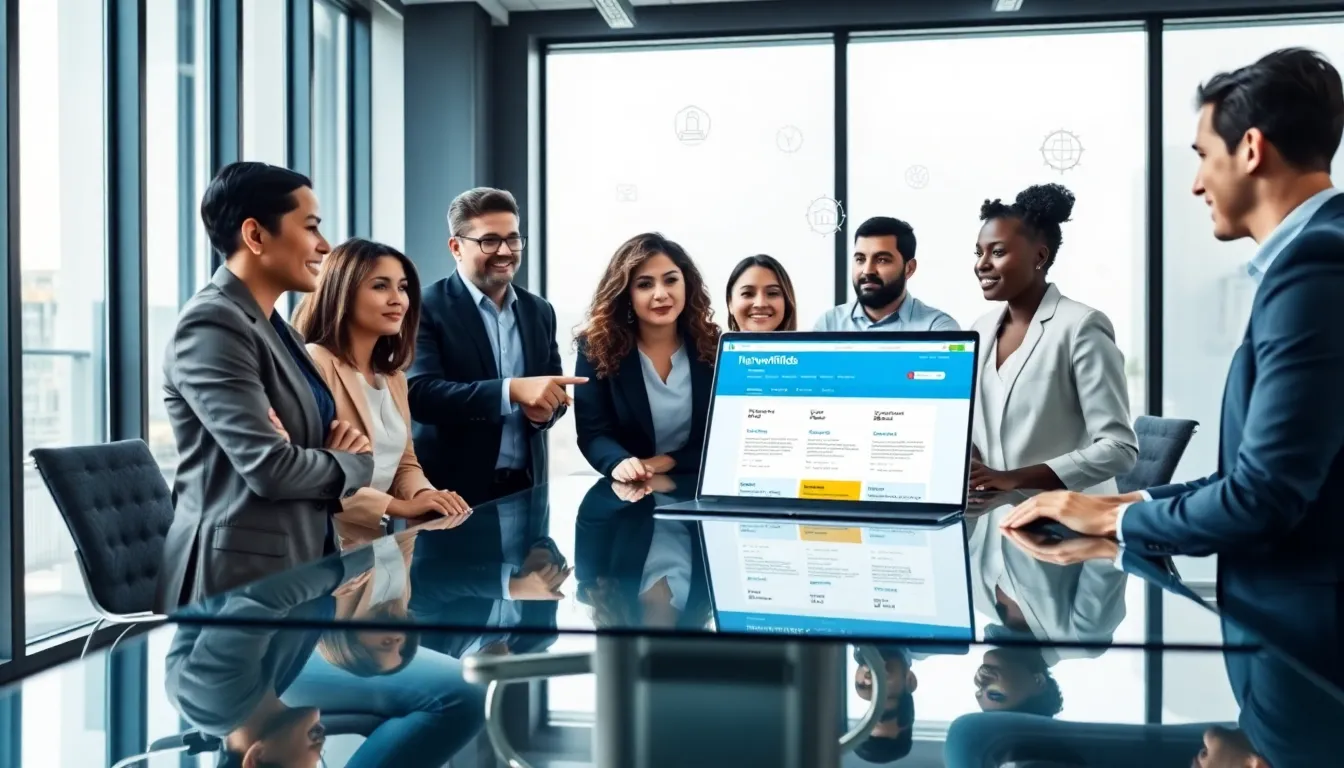 diverse team discussing online resources in a modern office.