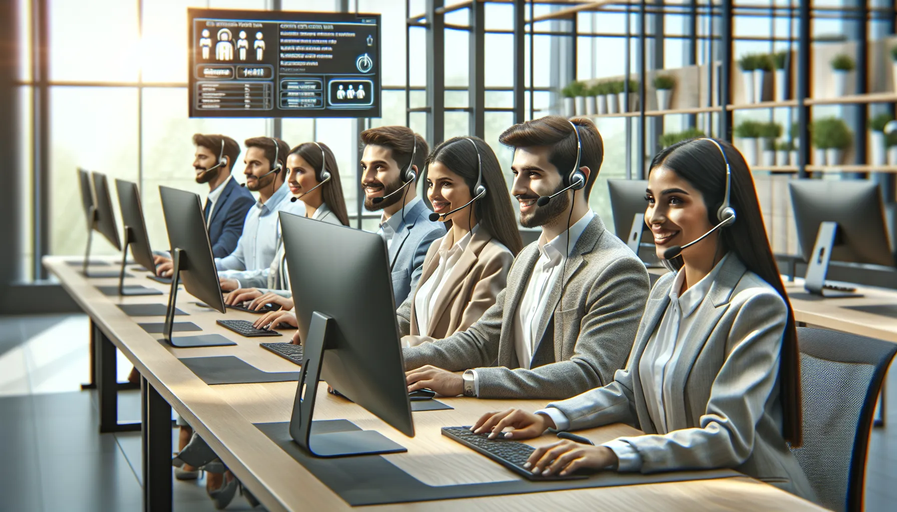 diverse customer service representatives in a modern call center.