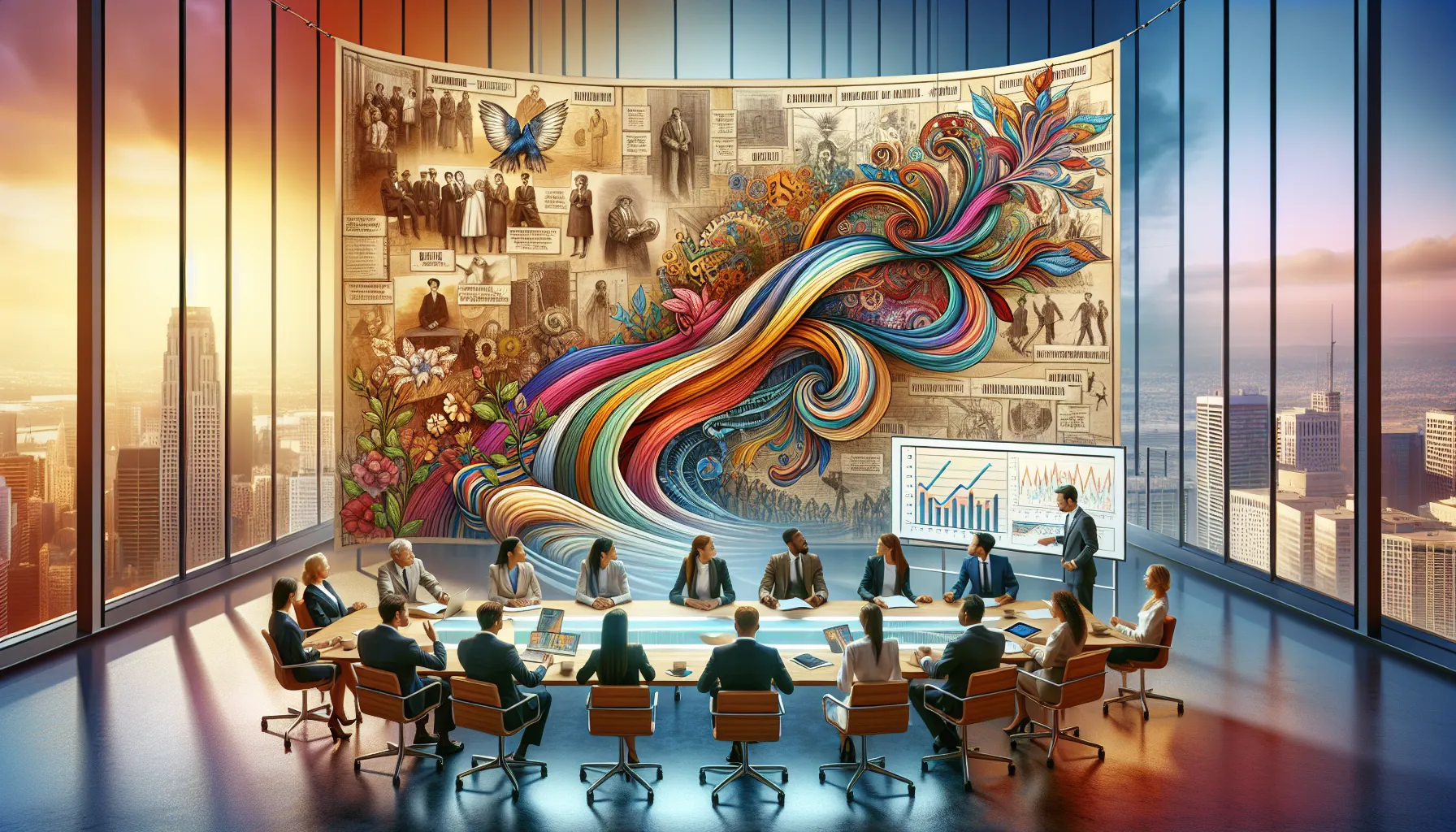 a diverse team discussing the historical context of a concept in a modern office.