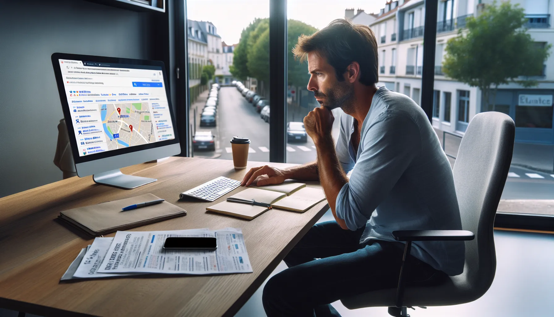 Thiais business owner studying Google local search results and nearby competitors.