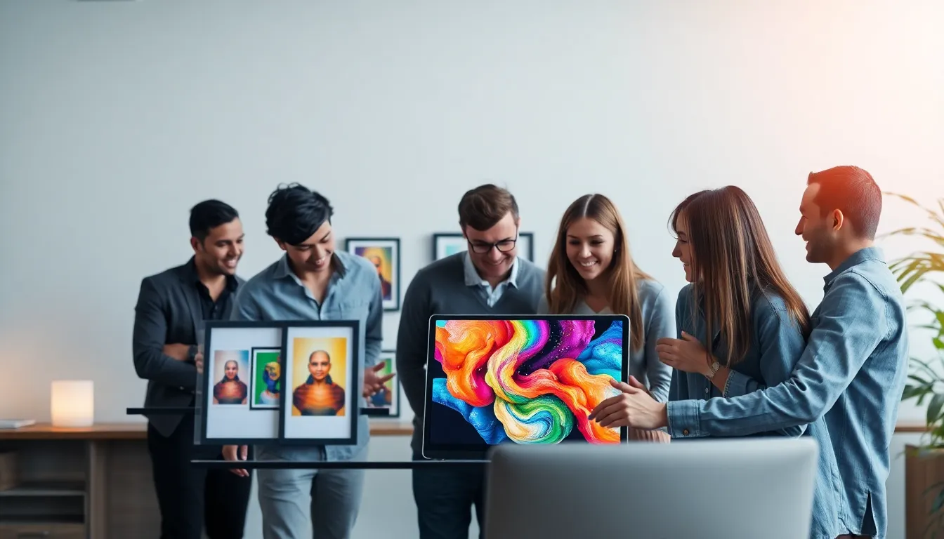 diverse professionals discussing digital artworks in a modern office.