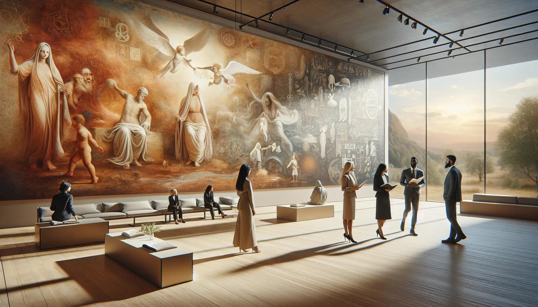 diverse group discussing cultural history in a modern art gallery.