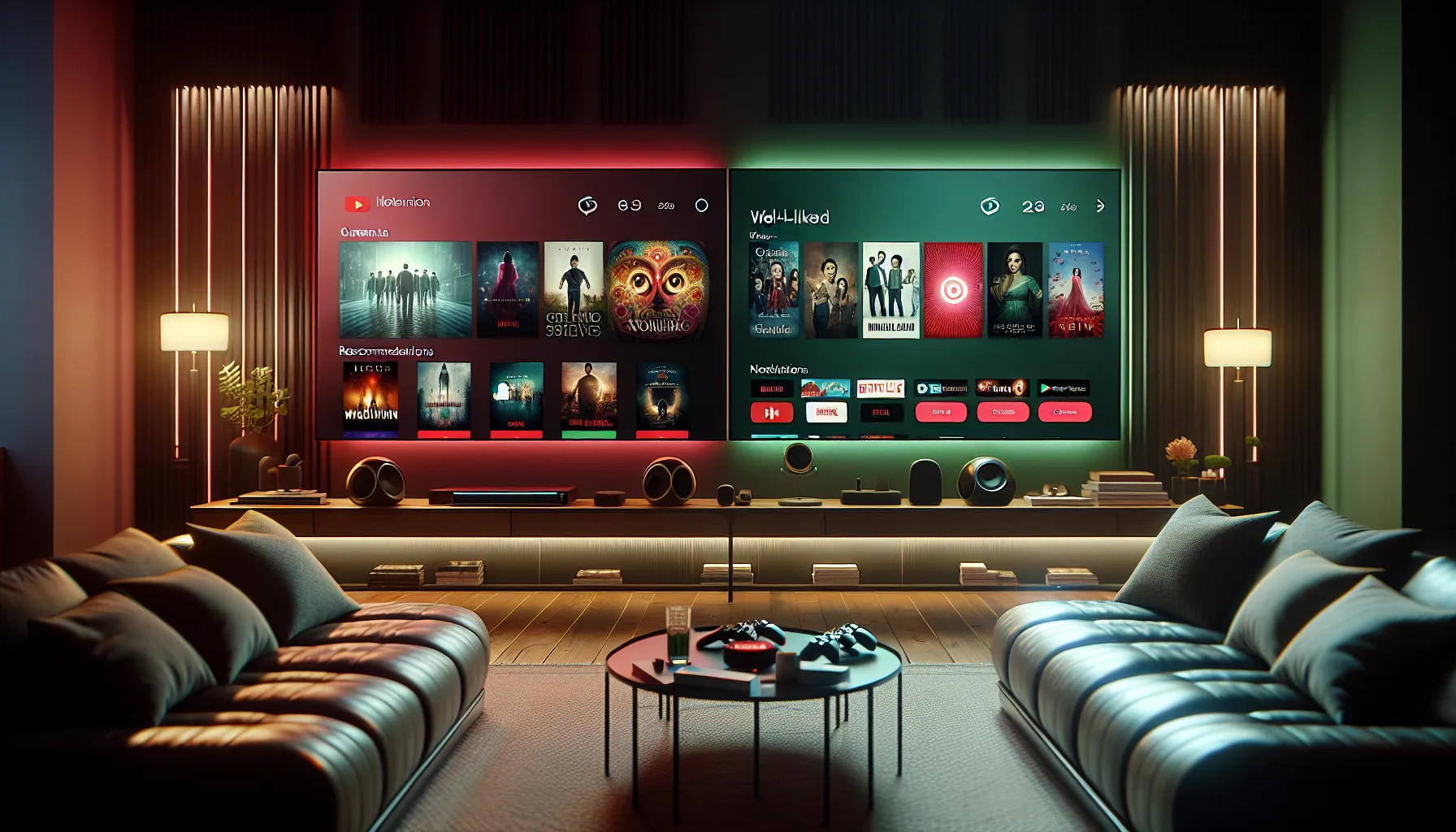 Living room with Netflix and Hulu interfaces displayed on screens