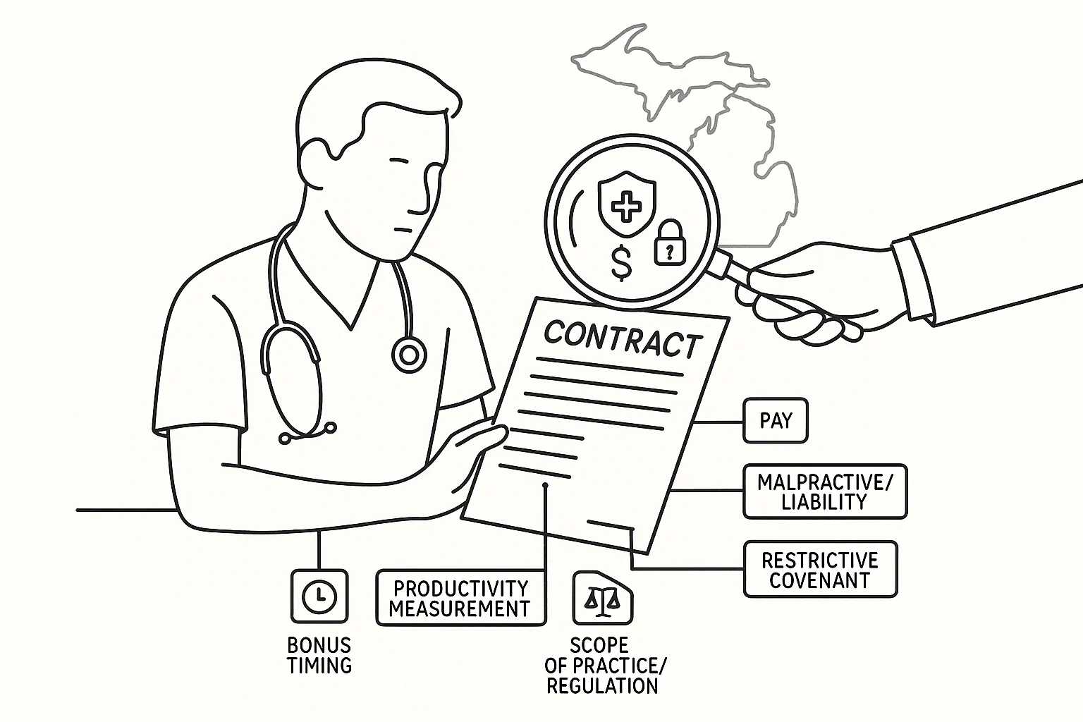 Physician assistant reviewing a contract with attorney’s magnifying glass and Michigan outline of Michigan Physician Assistant Contract Review.