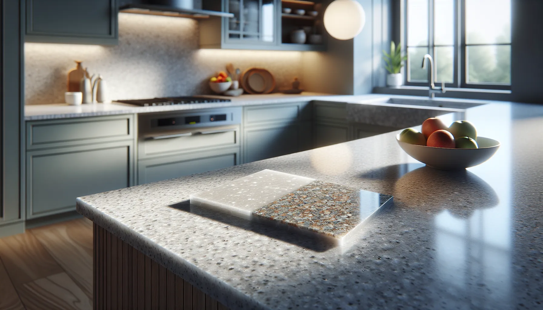 A pristine quartz countertop in a modern kitchen with comparison elements.