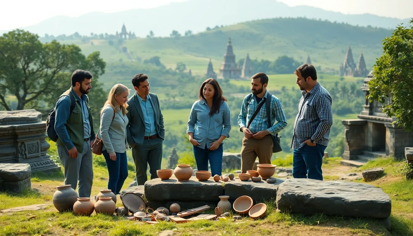 professionals discussing archaeological finds in a historic landscape.