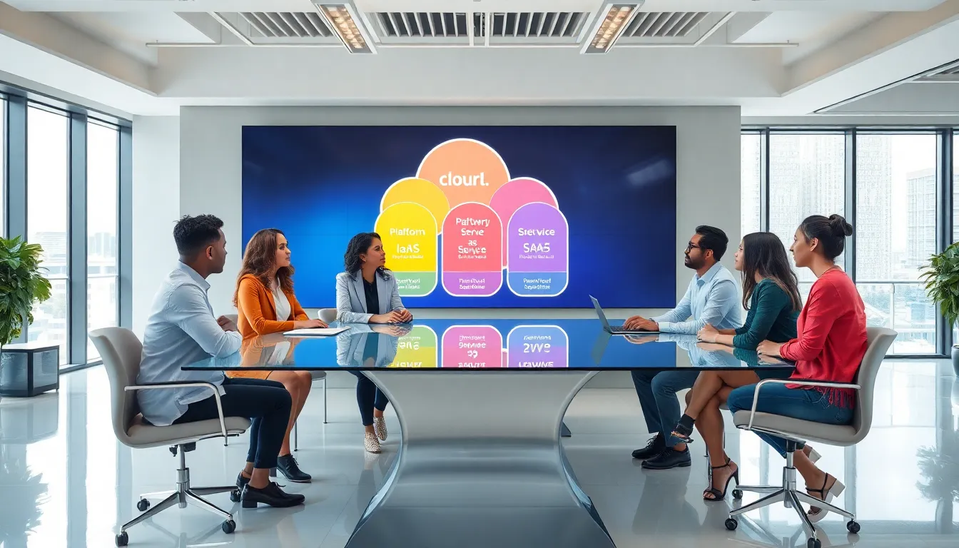 team discussing cloud computing architecture in a modern office.