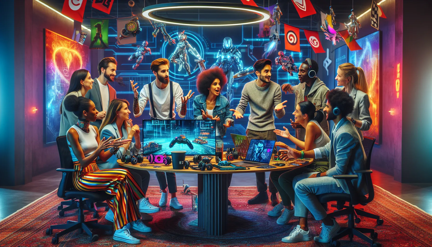 diverse team discussing gaming character speculations in a modern studio.