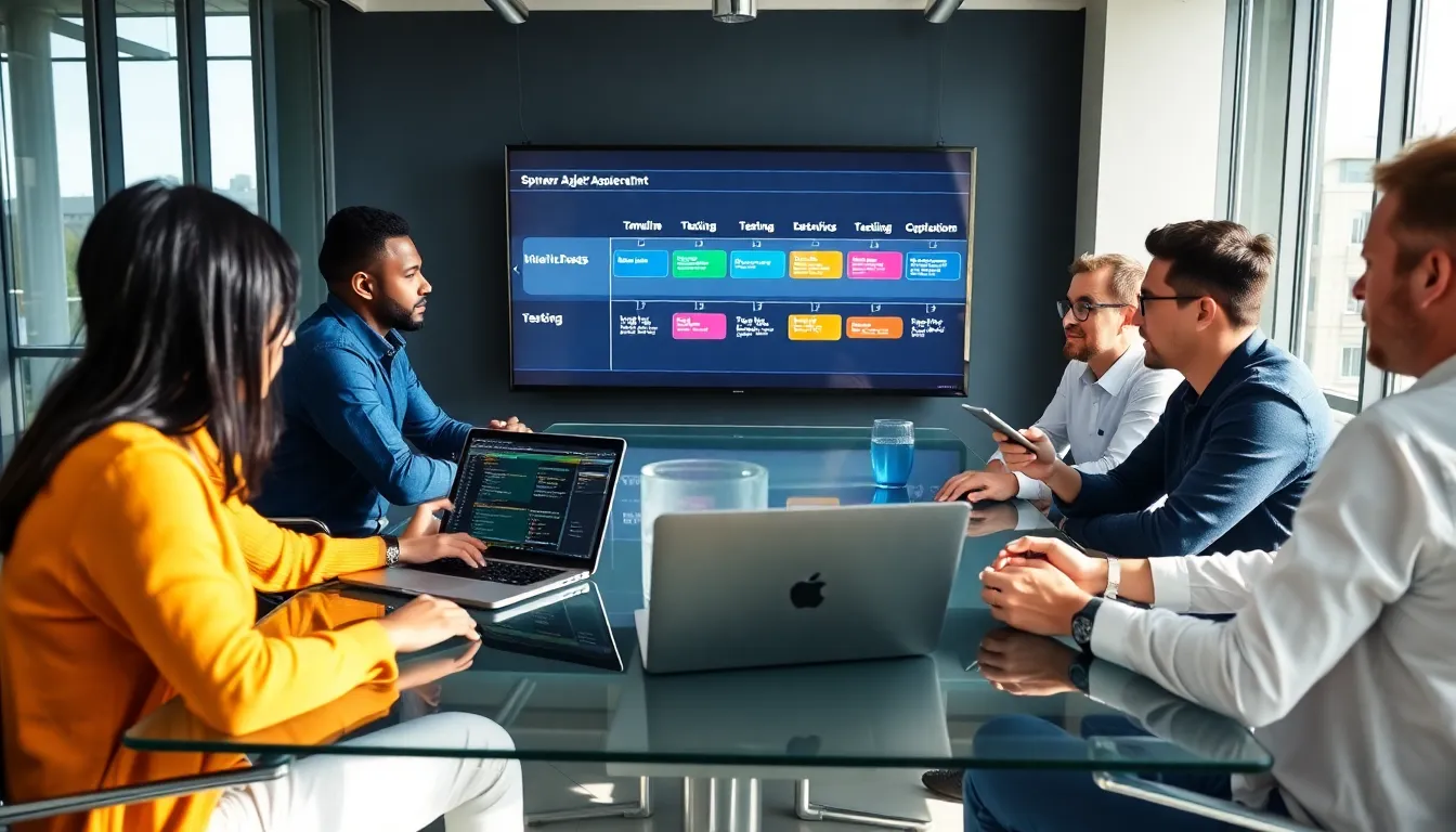team collaborating on DevOps processes in a modern office.