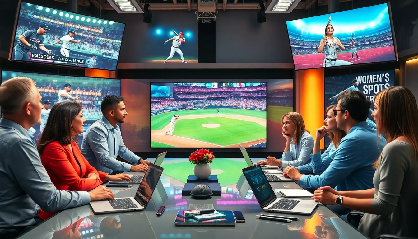 diverse team discussing sports updates in a modern newsroom.