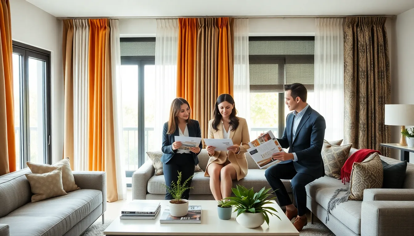 diverse interior designers discussing modern curtain trends in a stylish living room.
