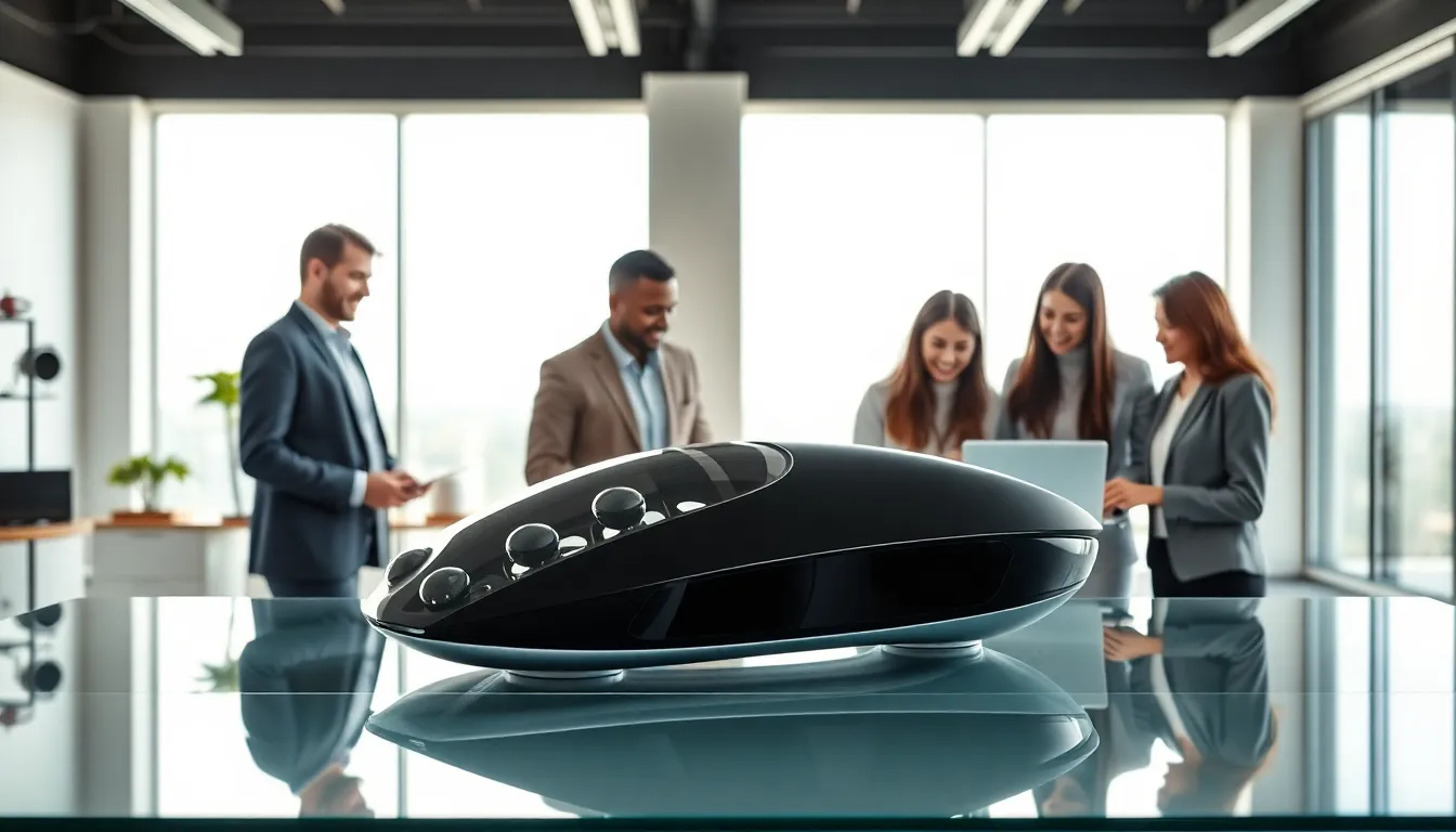 Diverse team discussing the sleek Doorsun1524 in a modern office.