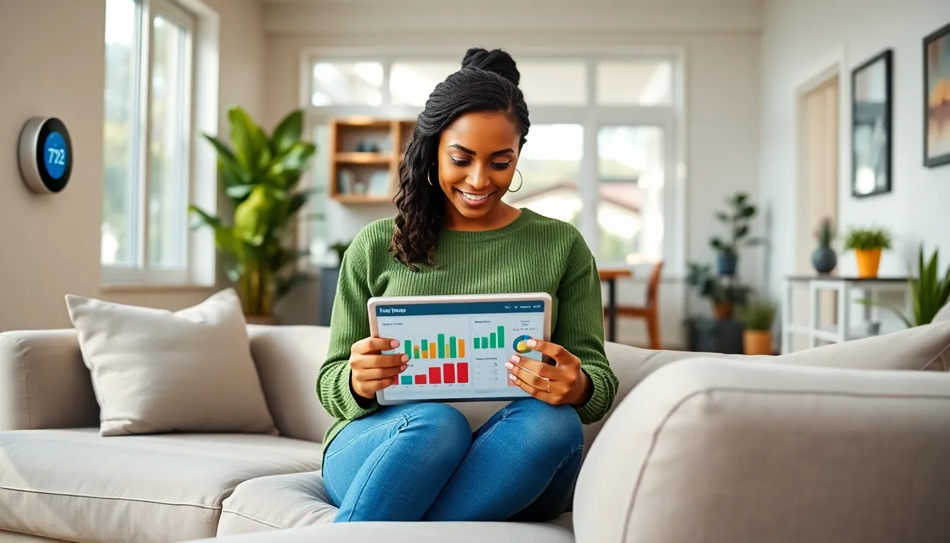 A woman using a tablet to monitor energy usage in a modern living room.