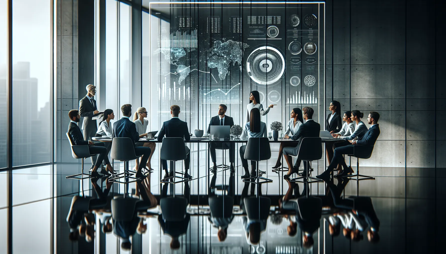 diverse team analyzing data in a modern office setting.