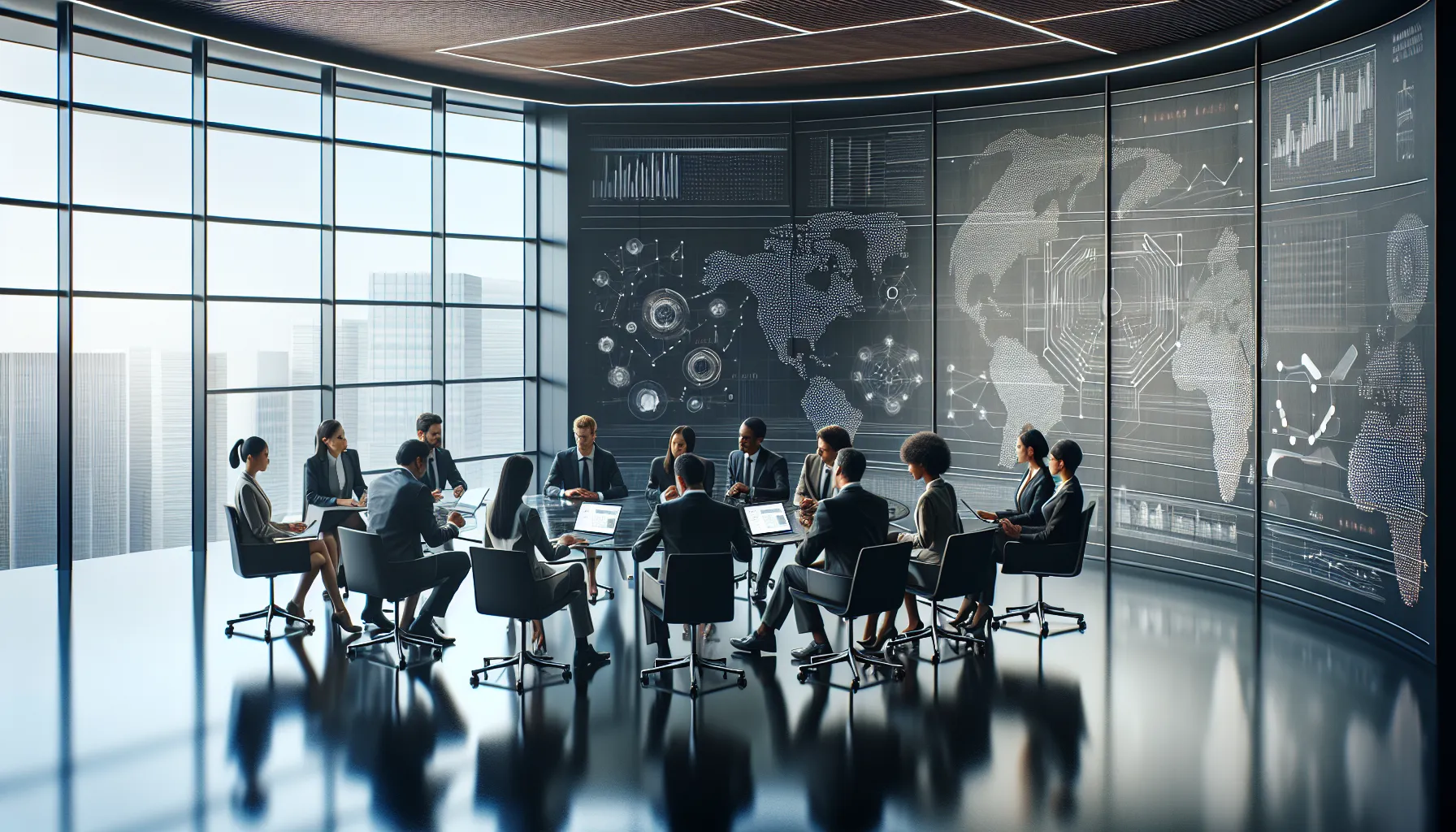 professionals discussing data analytics in a modern workspace.