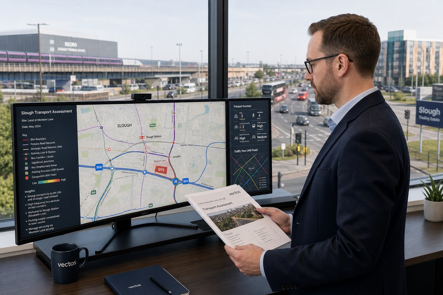 Traffic engineer reviewing Slough transport data in a modern office.