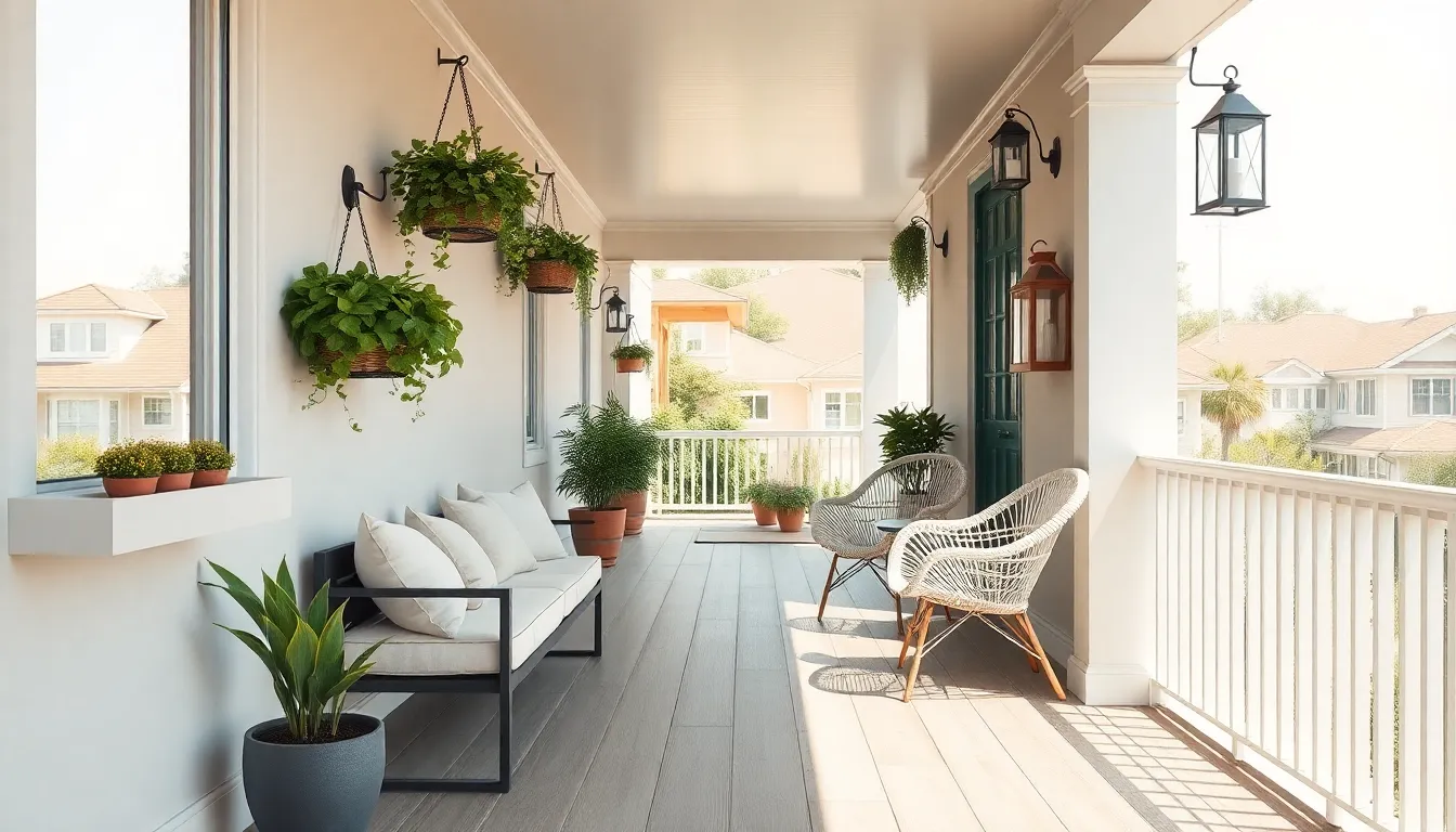 light and airy long narrow porch with plants and minimalist furniture.