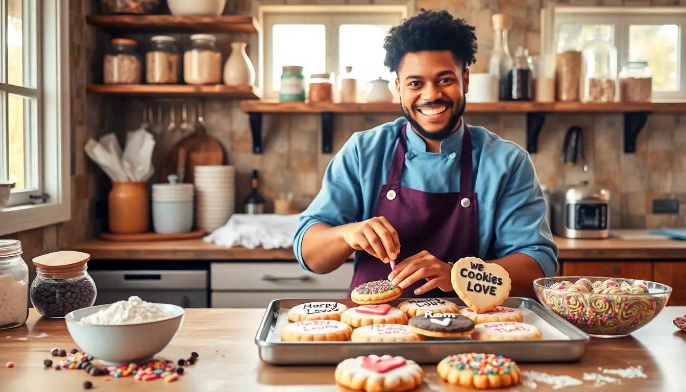 baker decorating cookies in a cozy kitchen setting.