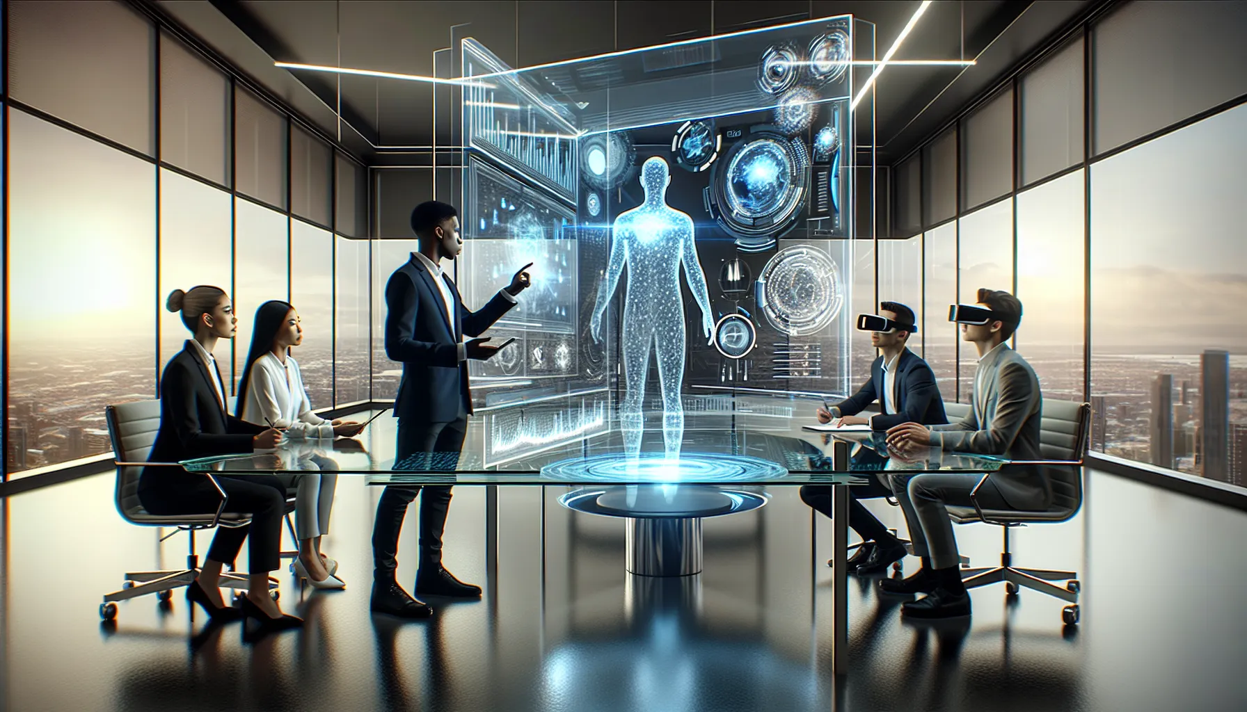 diverse professionals collaborating with futuristic tech in a modern office.