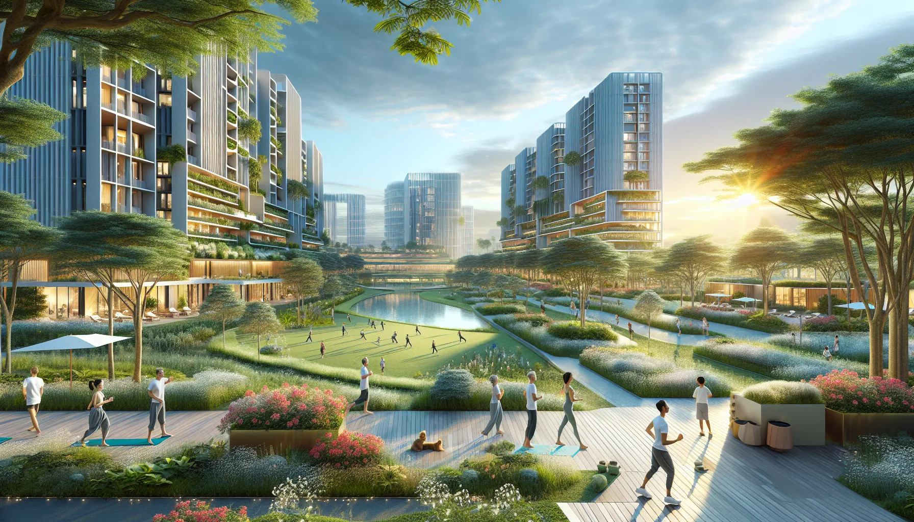 futuristic eco-friendly community blending with nature.