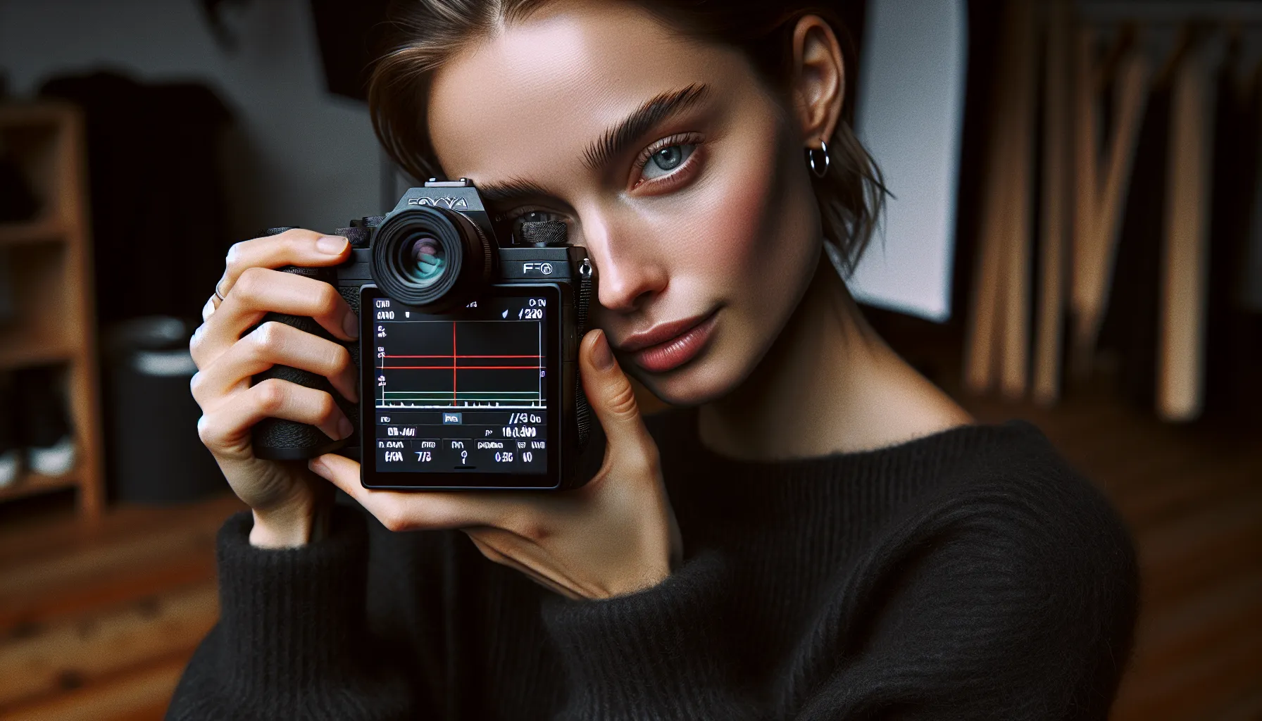 Norwegian photographer adjusts camera settings with softbox and reflector for portrait.