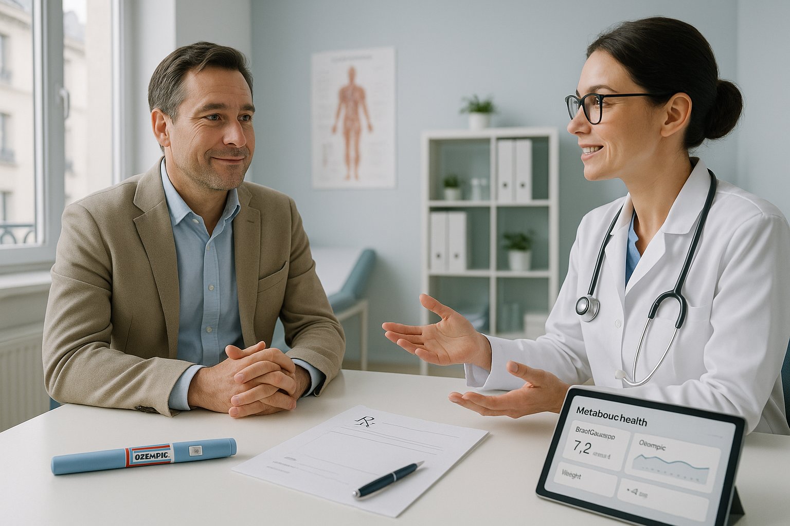 Doctor and patient discussing safe Ozempic treatment in a modern clinic.