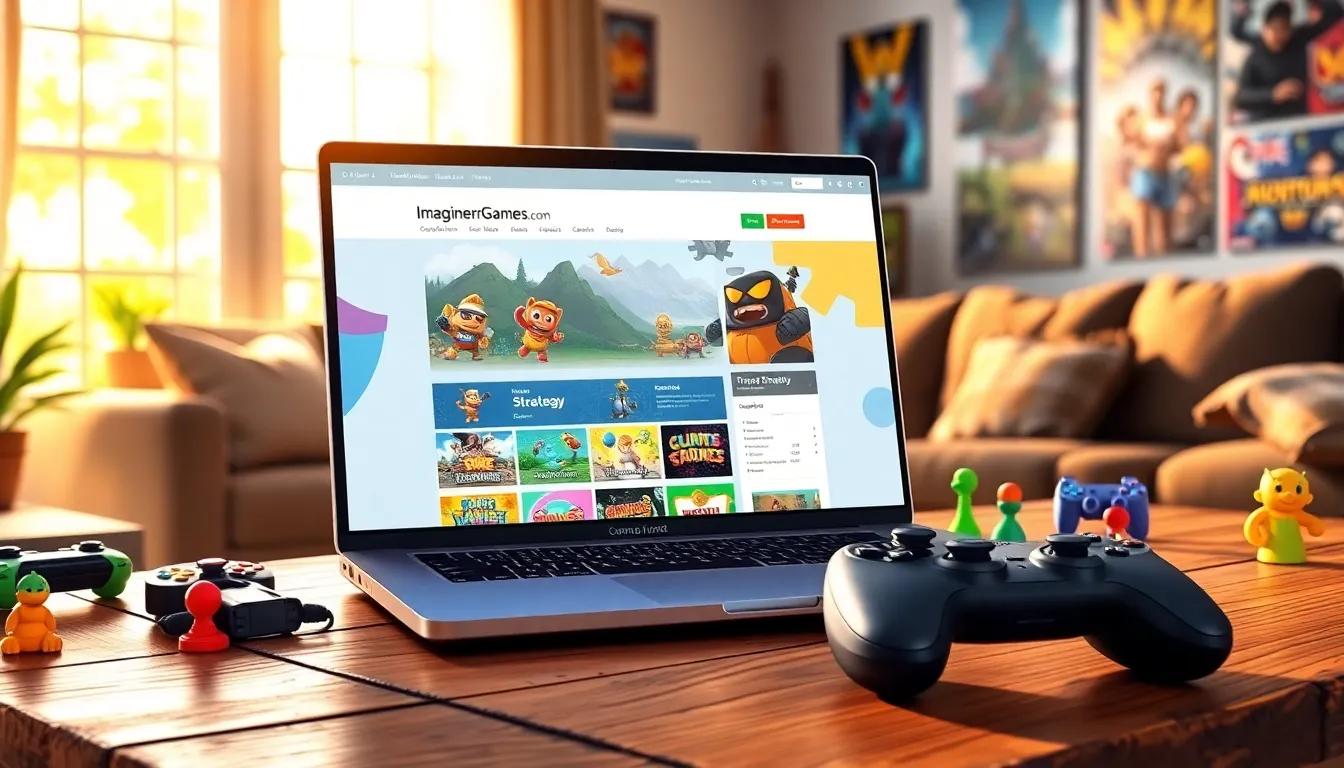 A laptop displaying ImagineerGames.com in a cozy gaming setup.