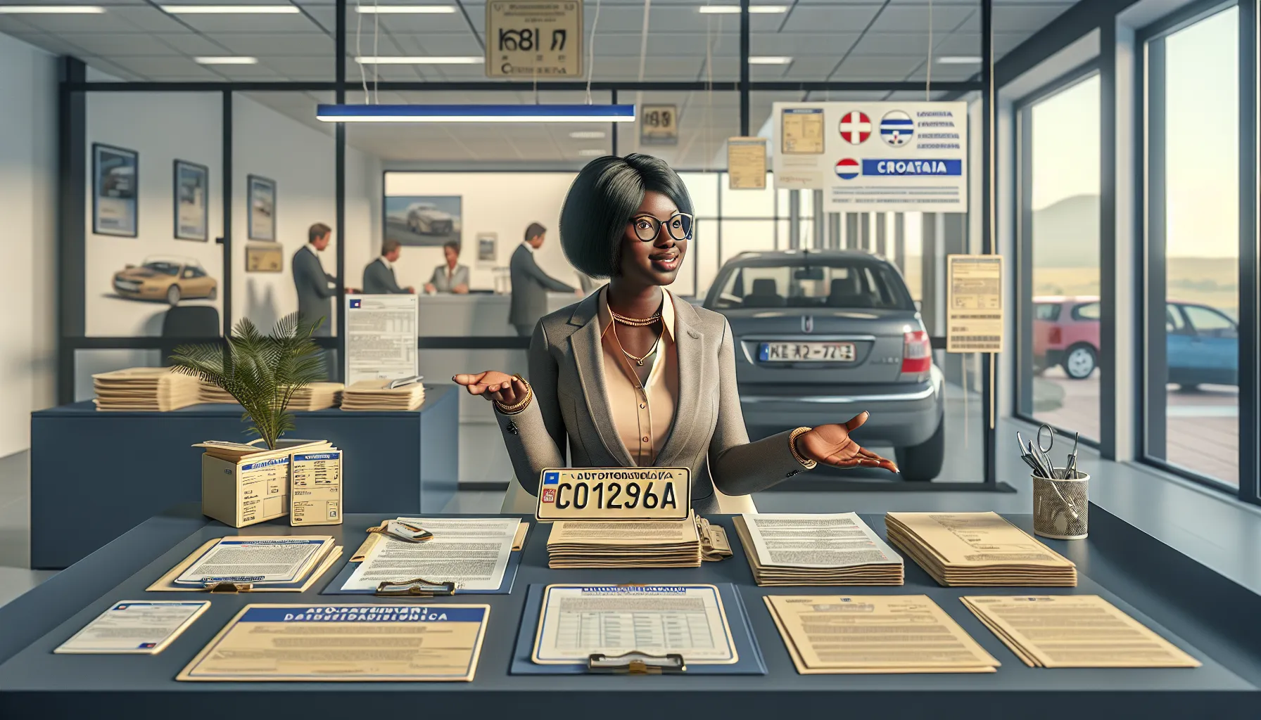 Professional explaining Croatian temporary license plates in modern automotive office
