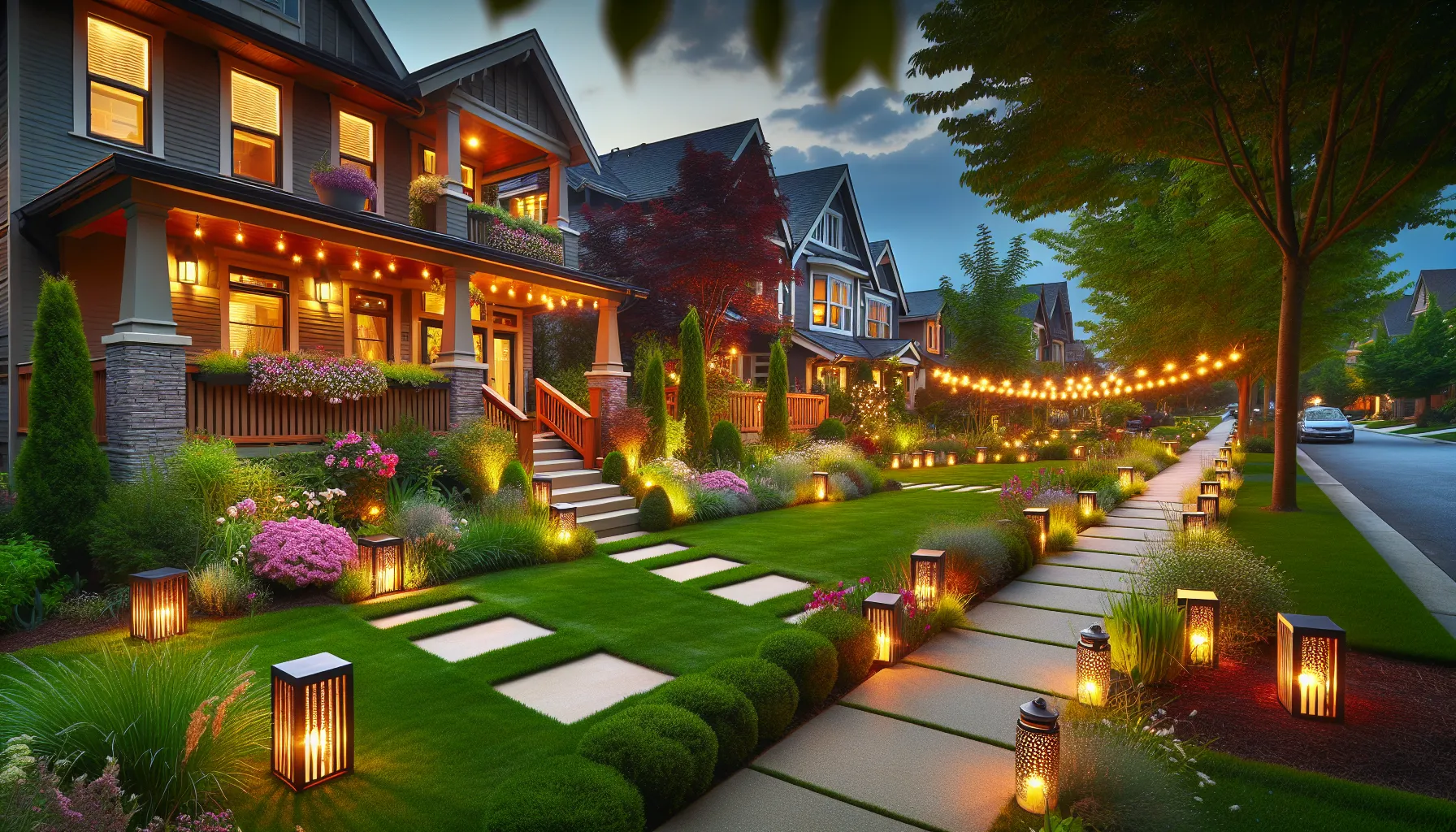 charming front yard with solar lights and DIY mason jar fixtures.