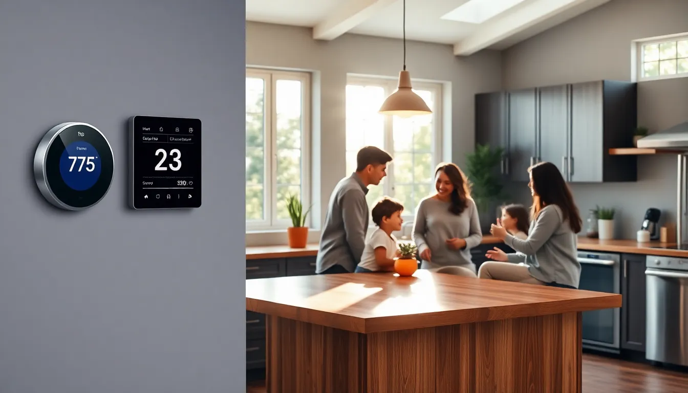 family in a modern kitchen discussing smart home energy efficiency.