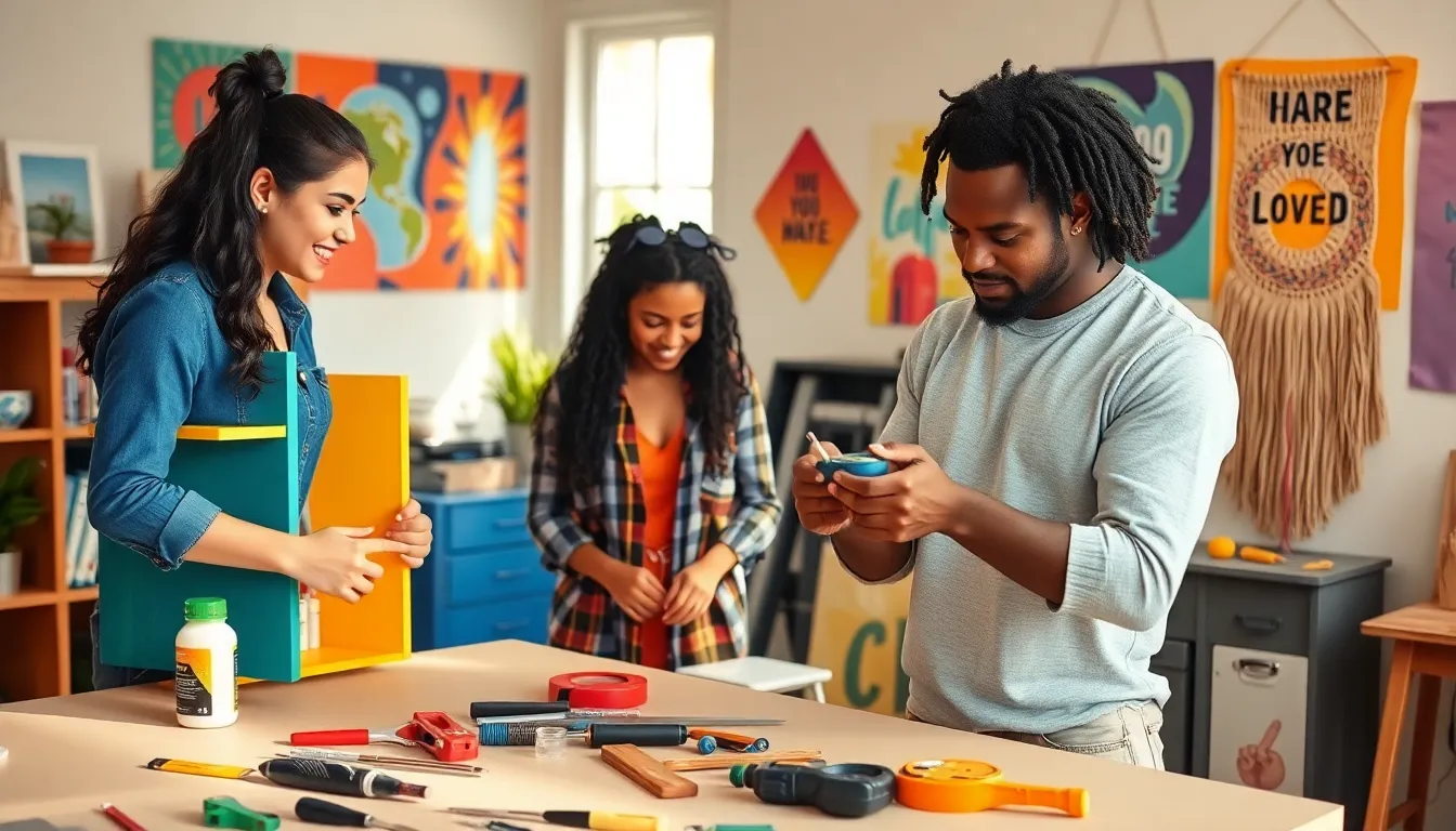 diverse group working on home DIY projects in a bright workshop.