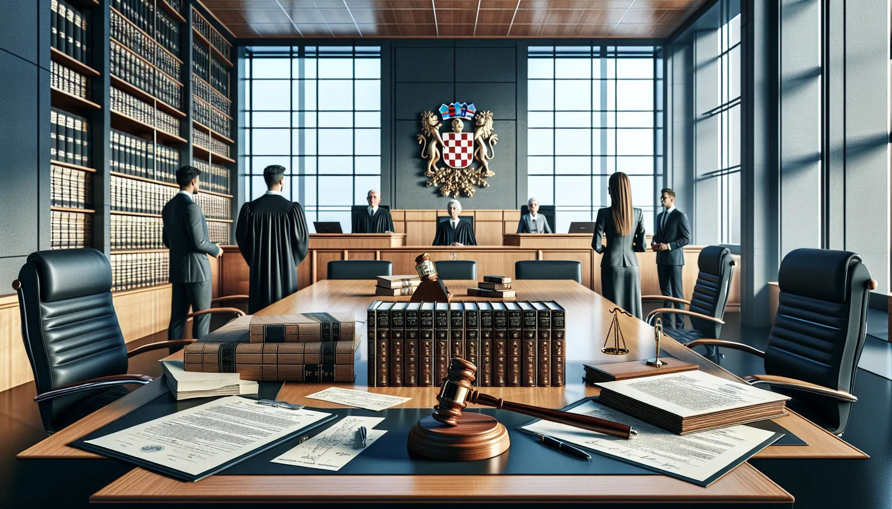 Croatian legal professionals in courtroom reviewing inheritance documents and legal papers