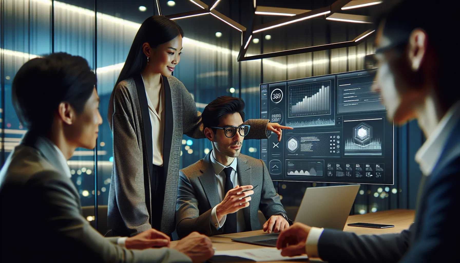 diverse team discussing data analytics in a modern office.