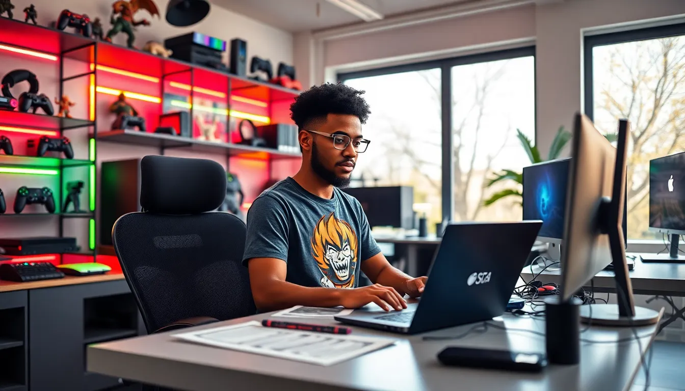 A game developer at a colorful desk in a vibrant gaming office.