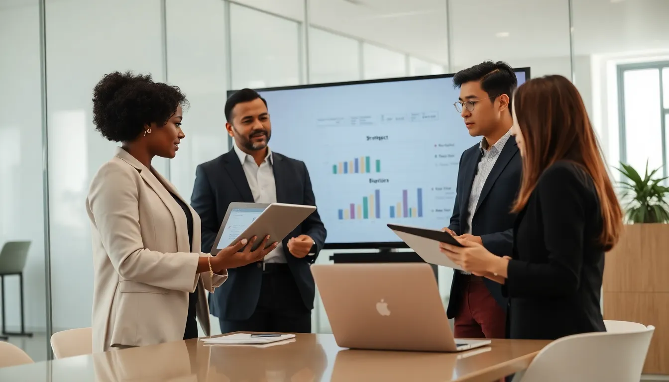 diverse financial team discussing debt relief strategies in a modern office.