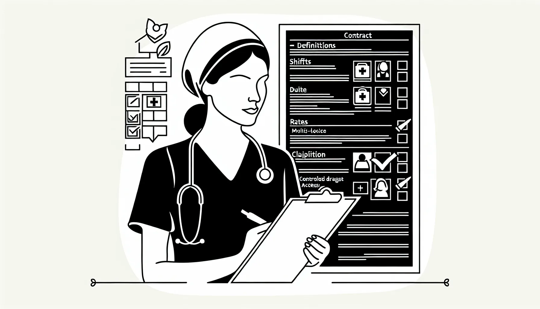 Relief veterinarian pointing at a contract with checklist, calendar, and clinic icons of Relief Veterinarian Contract Guide.