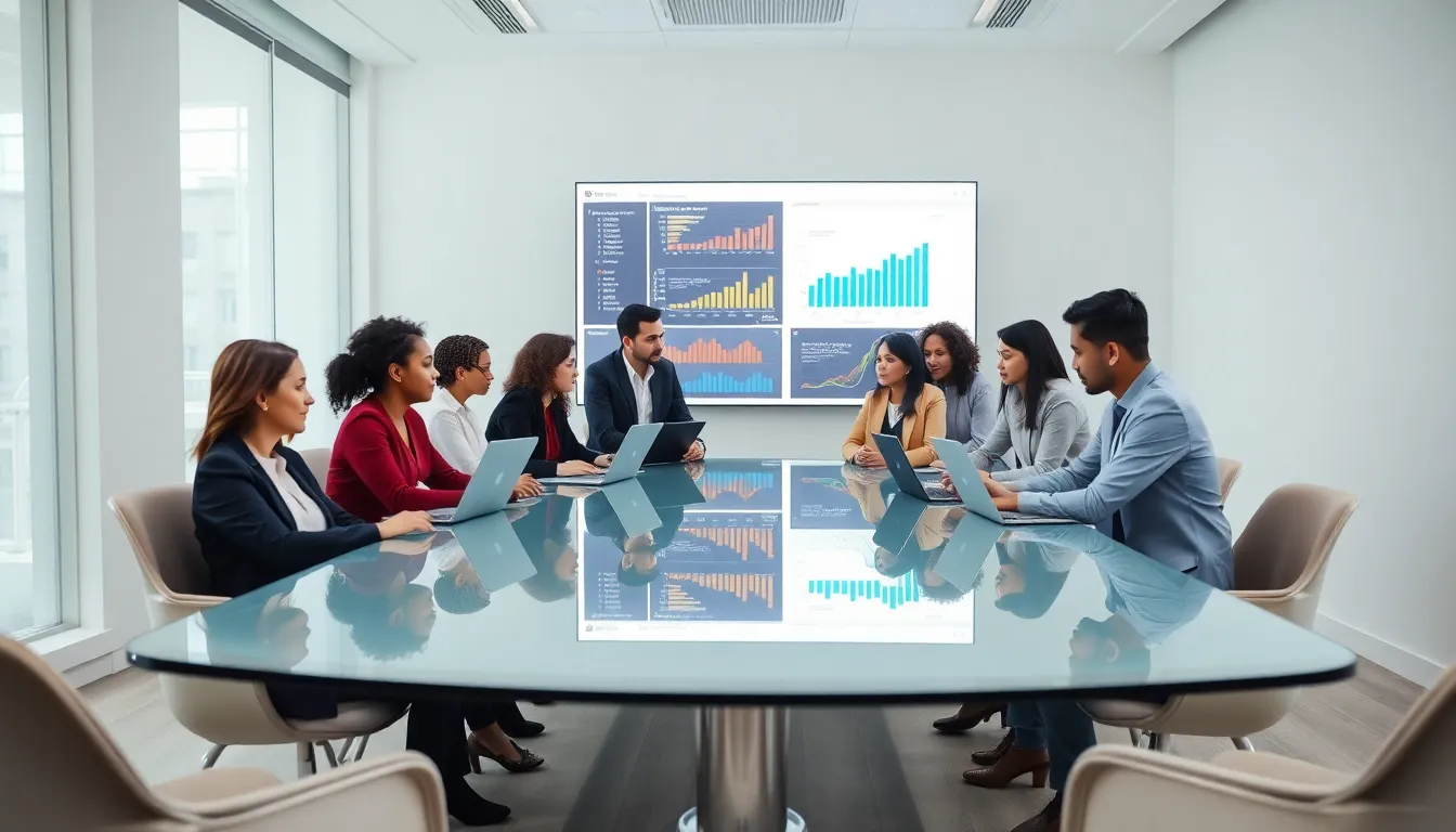 diverse team discussing data analytics in a modern office.