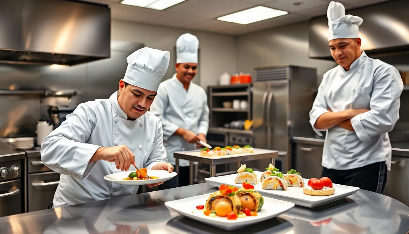 chefs creating innovative fusion dishes in a modern kitchen.
