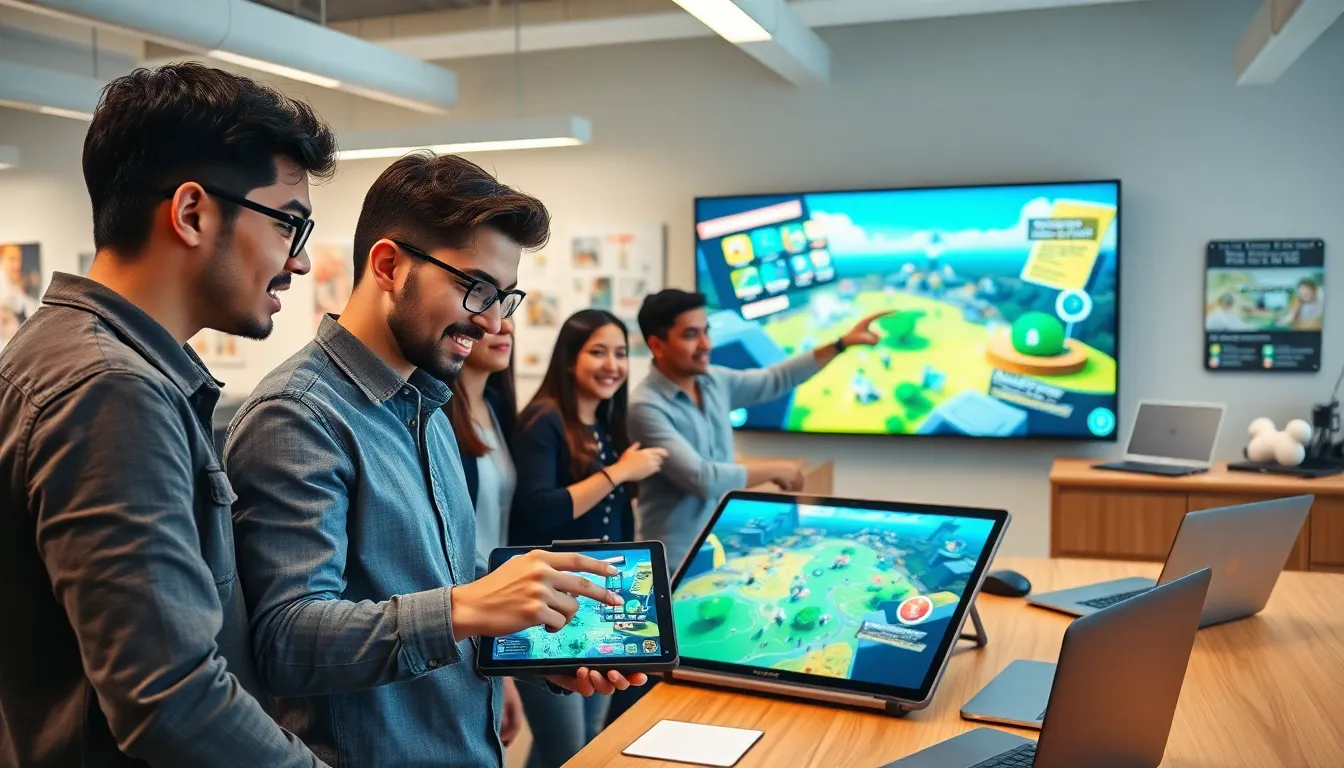 diverse team collaborating on a gaming project in a modern office.